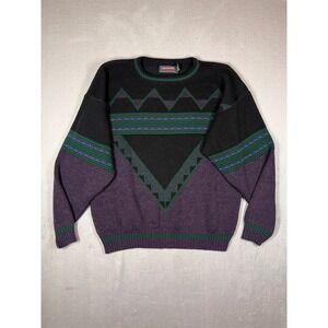 Vintage Checkpoint Mens Large Purple Black Geometric Knit Sweater Made in USA